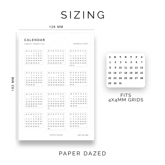 4x4mm 2026 Mini Calendar Stickers - VINTAGE FONT