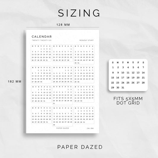 2026 Mini Calendar Stickers - VINTAGE FONT