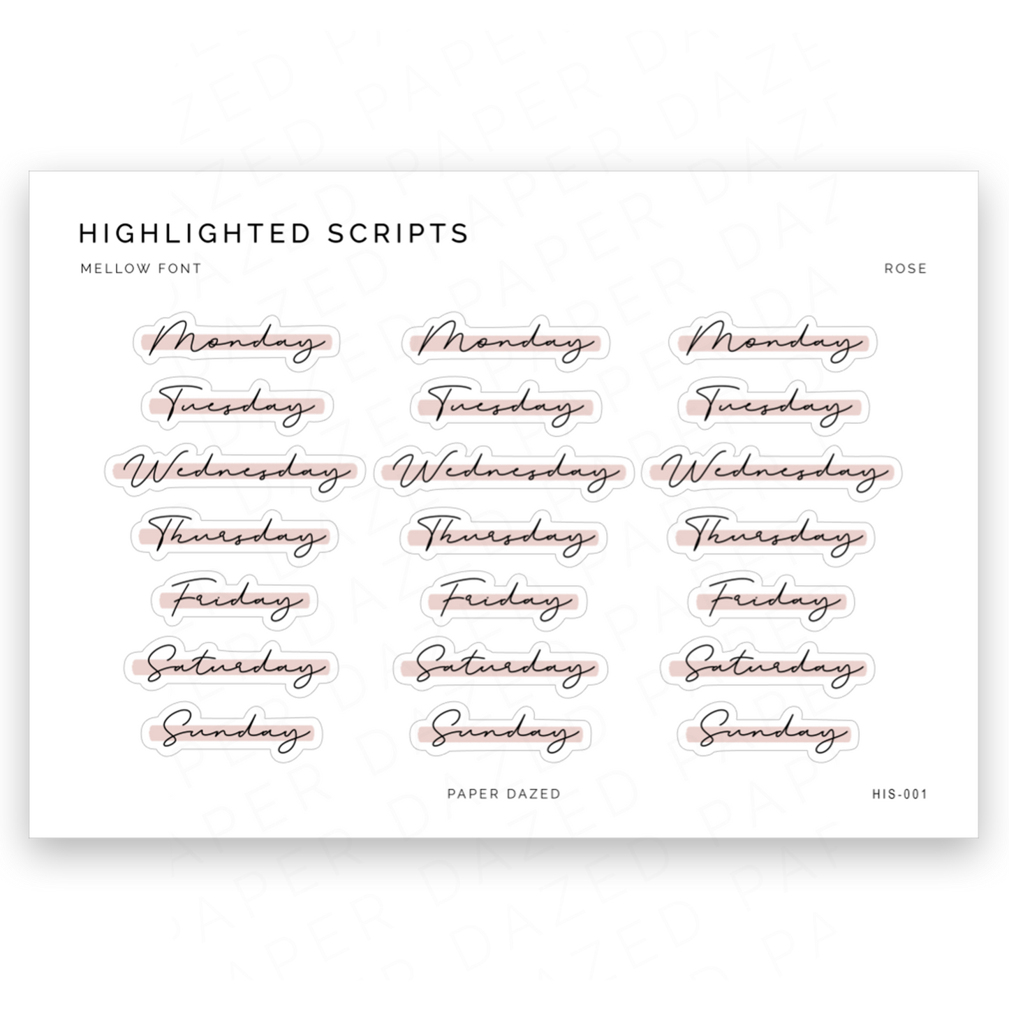 Highlighted Days of the Week Script Stickers - Mellow Font