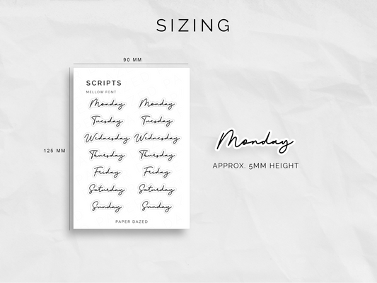 Weekly Script Stickers - MELLOW Font