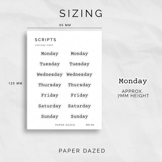 Days of the Week Script Stickers - VINTAGE Font