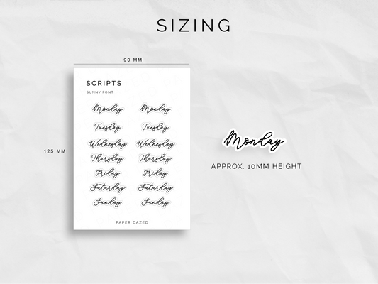 Weekly Script Stickers - SUNNY Font