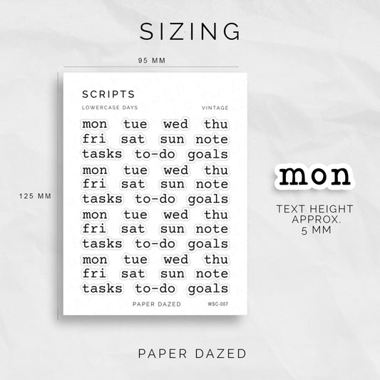LOWERCASE Abbreviated Days of the Week Stickers
