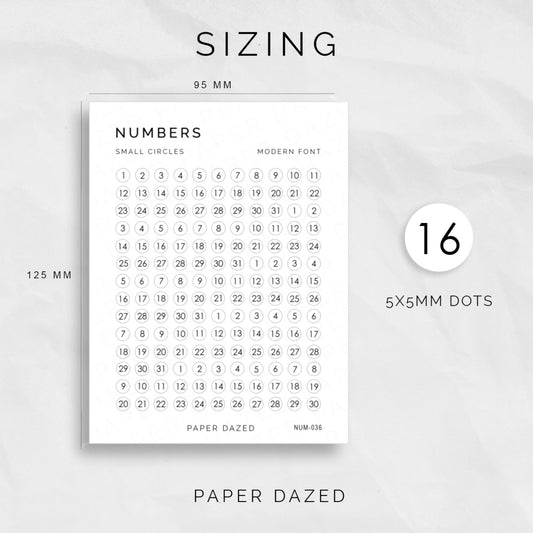 Small Date Dot Number Stickers - MODERN Font
