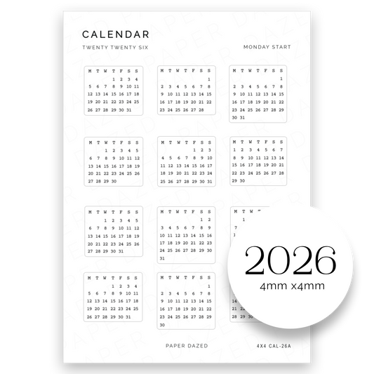 4x4mm 2026 Mini Calendar Stickers - VINTAGE FONT