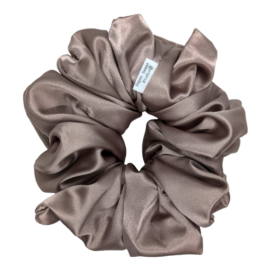extra large taupe coloured satin scrunchie handmade by paperdazed