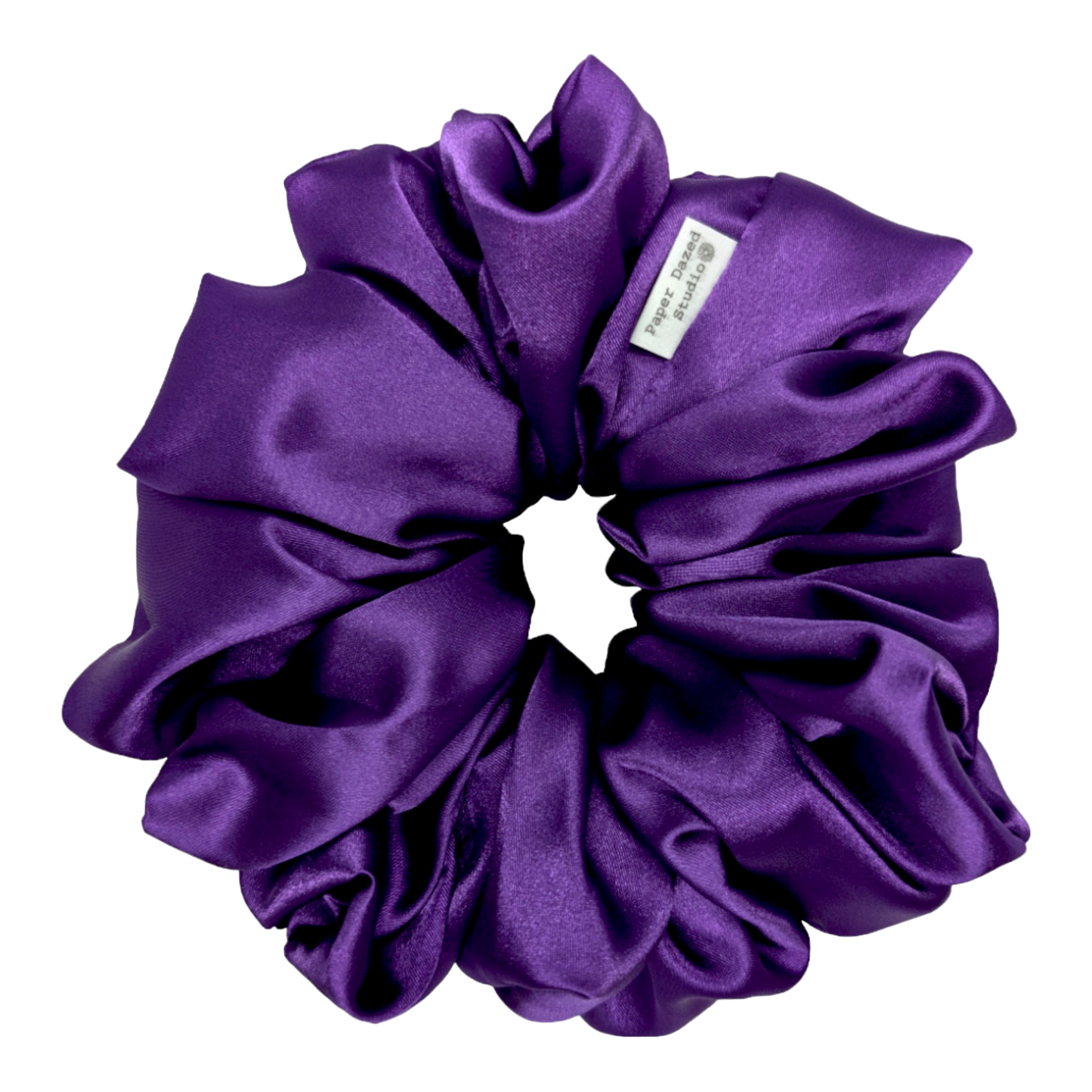large vibrant purple satin scrunchie handmade by paper dazed