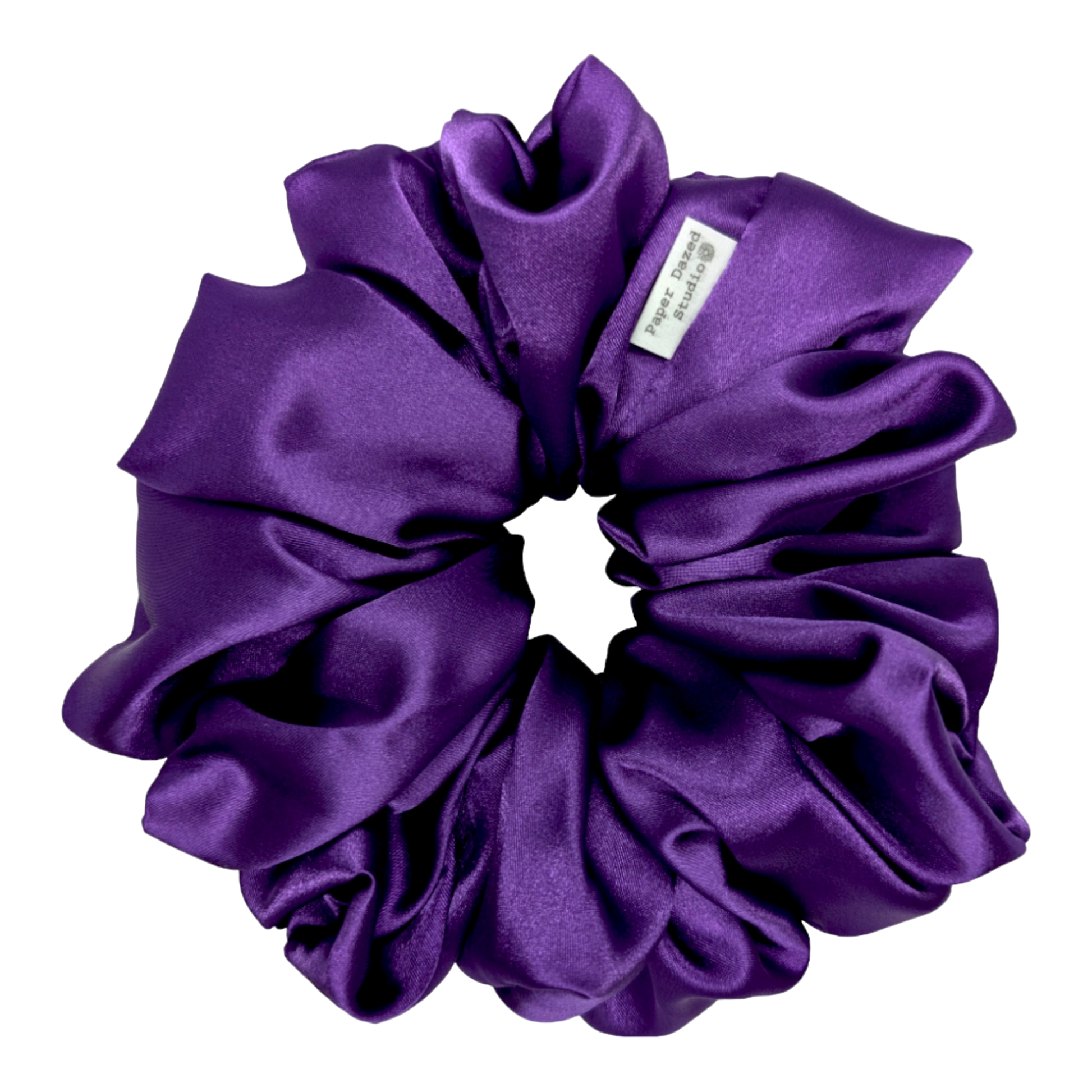 large vibrant purple satin scrunchie handmade by paper dazed