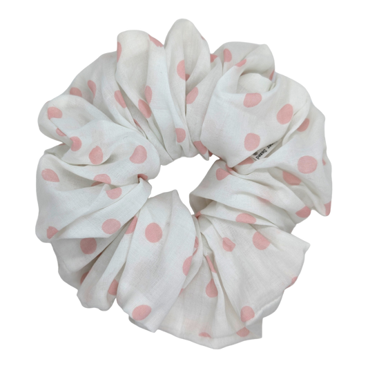 large pink polka dot pattern linen scrunchie handmade by paper dazed