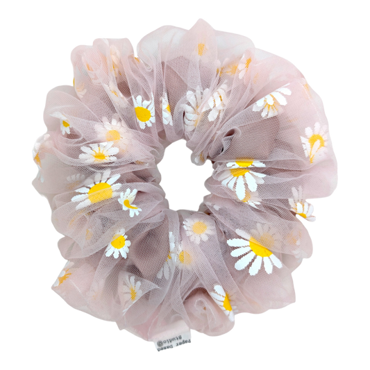 large light pink daisy mesh double layer scrunchie made by paper dazed