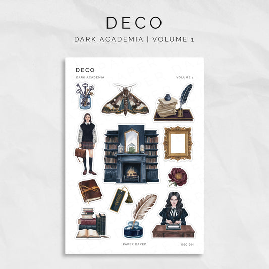 dark academia decorative planner stickers. graphics include keys, moths, academia girl, books, gold frames, quill and ink, boomarks, dark flowers and paper