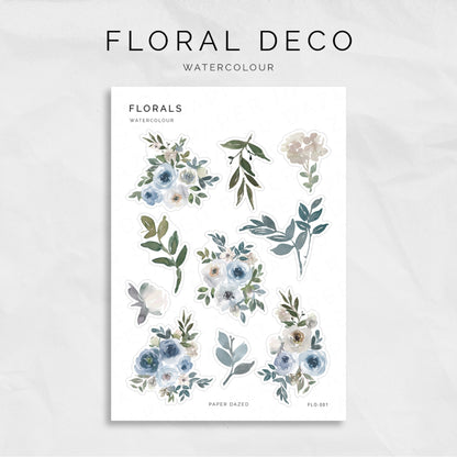 Blue Watercolour Floral Deco Sticker Sheet
