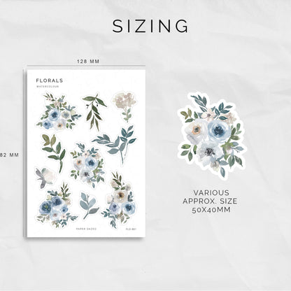 Blue Watercolour Floral Deco Sticker Sheet