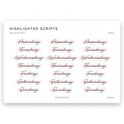 Highlighted Days of the Week Script Stickers - Mellow Font