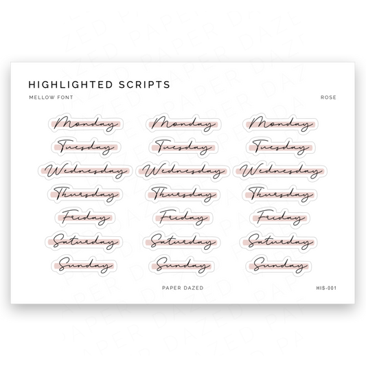 Highlighted Days of the Week Script Stickers - Mellow Font