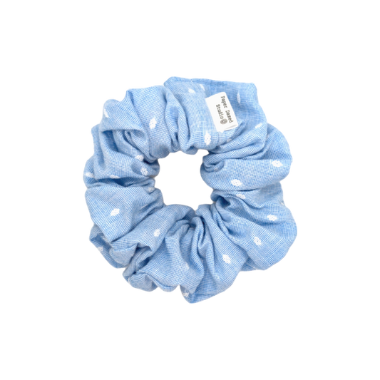 white polka dot light blue scrunchie made by paper dazed