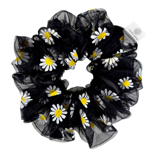 black and white daisy mesh double layer XL scrunchie handmade by paper dazed
