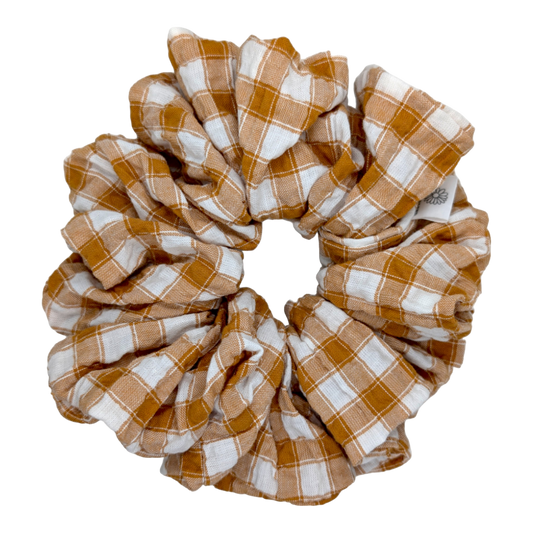 goldern gingham print textured XL scrunchie handmade by paper dazed