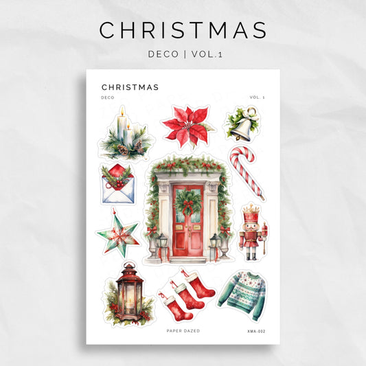 watercolour Christmas holiday sticker sheet for bullet journals and planners or scrapbooking. Christmas themed including stockings, candy cane, candles, poinsettia, xmas cards, lanterns, christmas sweater, nutcracker,  jingle bells, star and a christmas decorated door.
