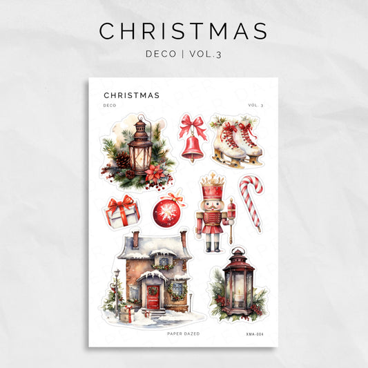 watercolour christmas themed  xmas sticker sheets with lanterns, bells, snow skates, nutcracker, baubles, presents, candycane, and snowy house.