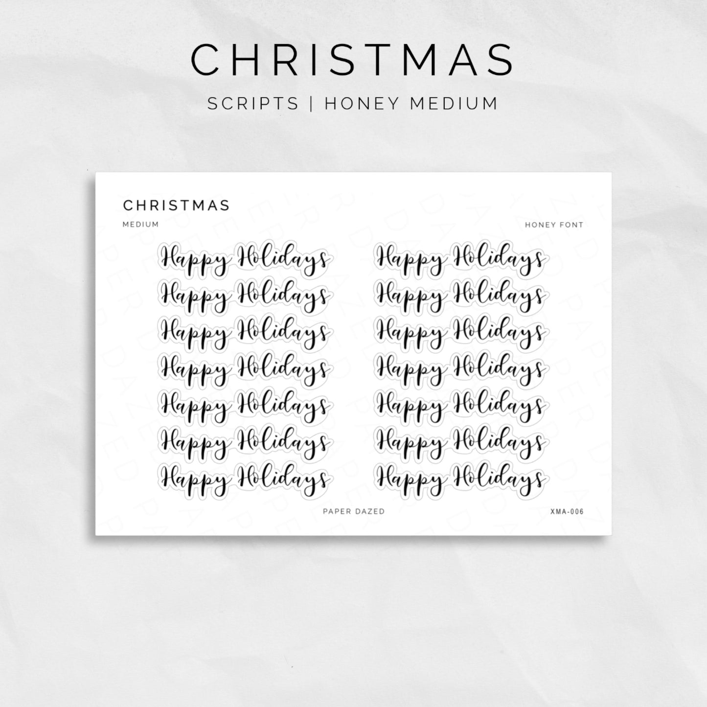 10mm height happy holidays script sticker sheet in 6 different foiled text colours perfect for scrapbooking, card making and journaling 