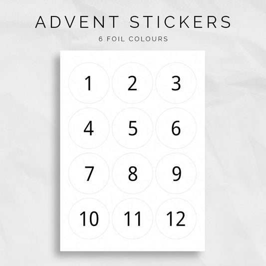 12 san serif advent calendar number stickers with 6 foiled colours