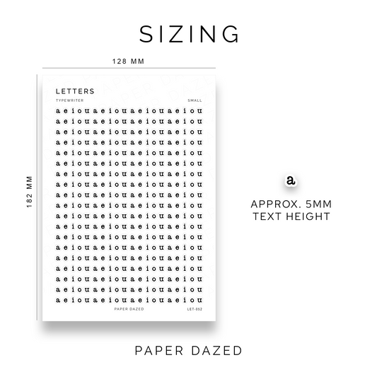 Small Typewriter Vowel Letters Sticker Sheet