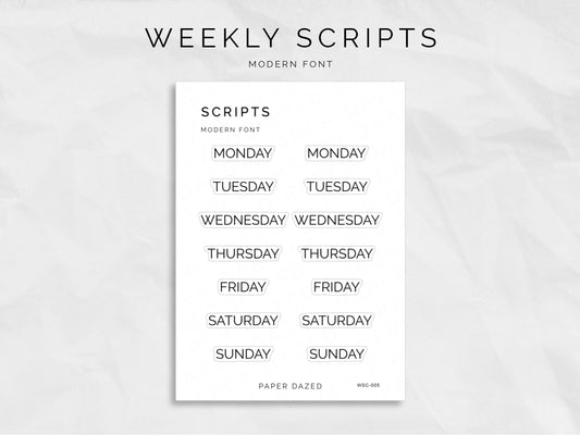 Weekly Script Stickers - MODERN Font