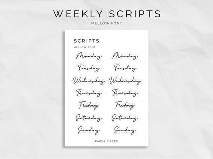 Weekly Script Stickers - MELLOW Font