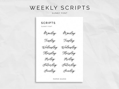Weekly Script Stickers - SUNNY Font