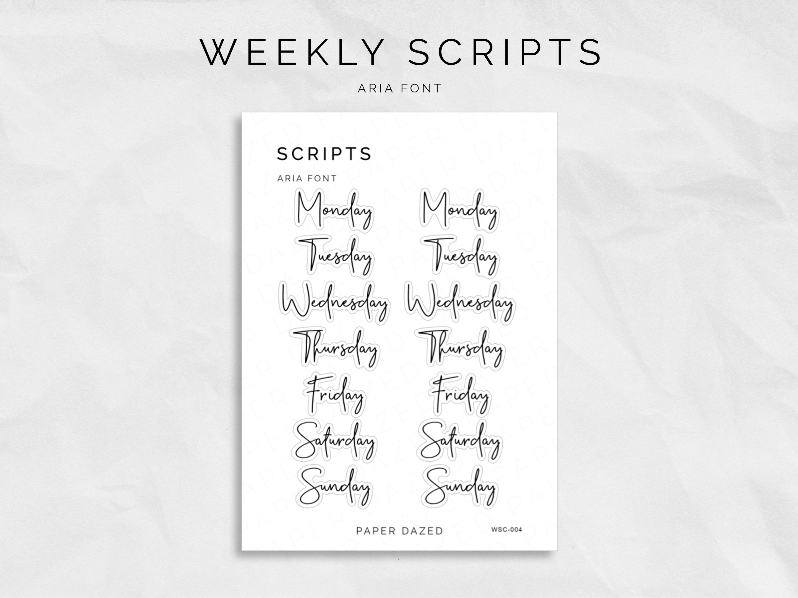 Weekly Script Stickers - ARIA Font – Paper Dazed