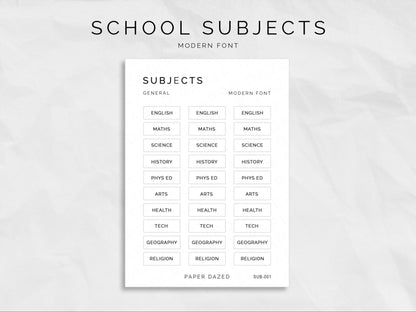 School Subjects Stickers- MODERN Font