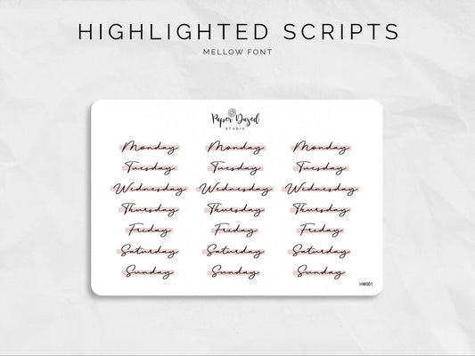 Highlighted Days of the Week Script Stickers - Mellow Font